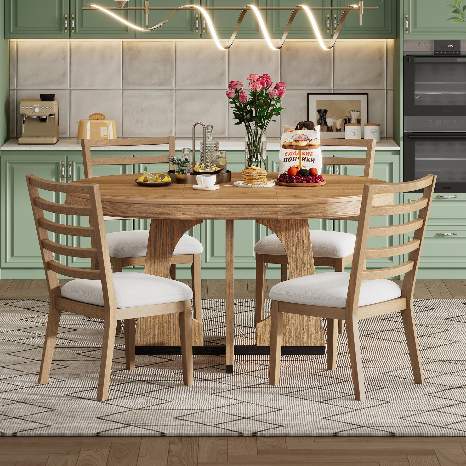 5 Piece Retro Rustic Functional Dining Set Unique Geometric Design, 1 Extendable Table With A 16 Inch Leaf And 4 Upholstered Chairs Ideal For Dining Room And Kitchen Natural Natural Solid Wood Mdf