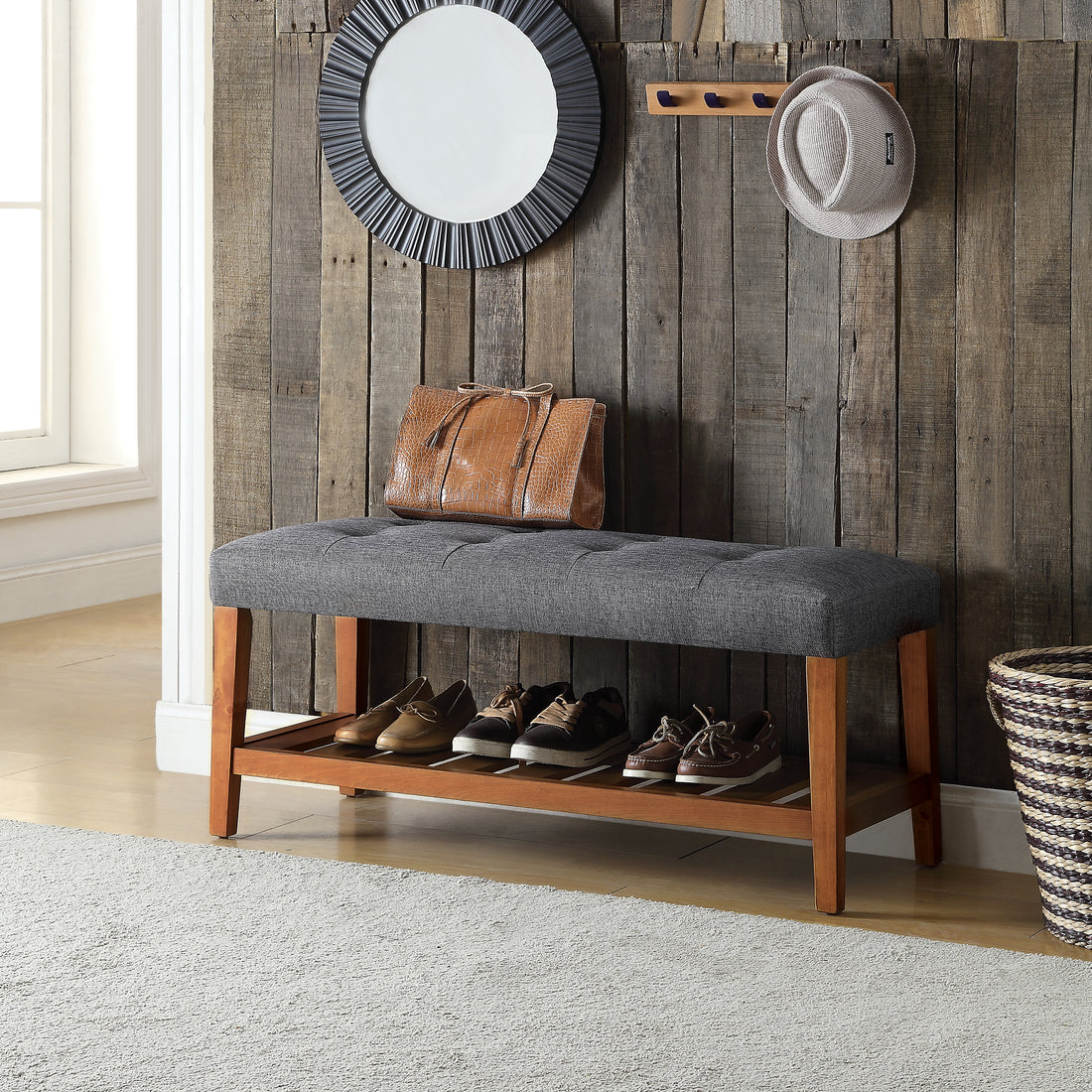 Charla Gray Fabric & Oak Finish Bench Gray Fabric,Synthetic Wood