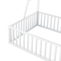 Twin Size Floor Bed Frame With Safety Fence, Metal Floor Bed With Desk And Storage Shelves, Playhouse For Kids, White Twin Off White Metal