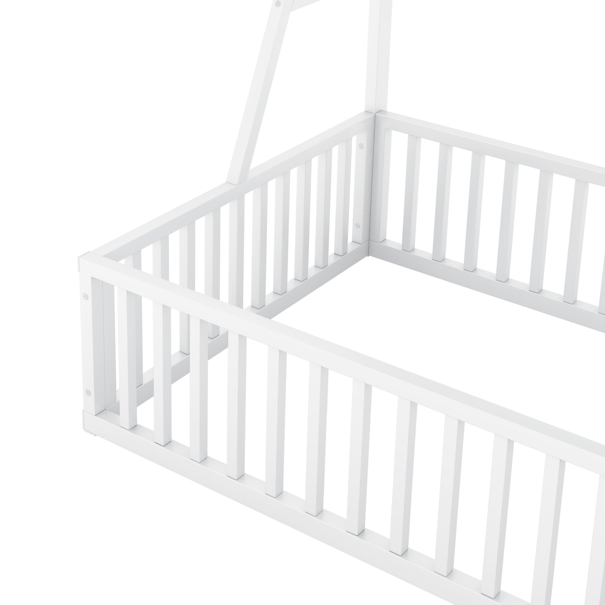 Twin Size Floor Bed Frame With Safety Fence, Metal Floor Bed With Desk And Storage Shelves, Playhouse For Kids, White Twin Off White Metal