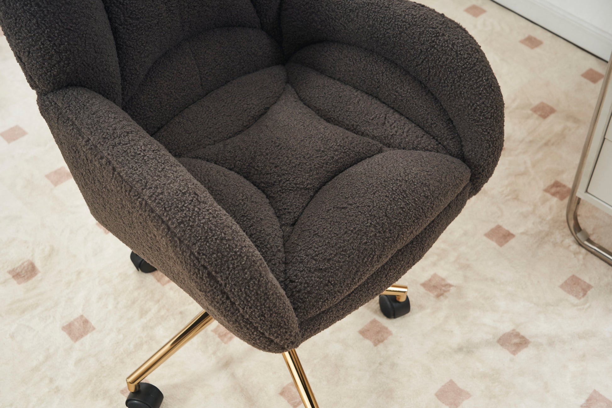 005 Teddy Fabric 360 Swivel Home Office Chair With Gold Metal Base And Universal Wheels,Dark Gray Solid Dark Gray Office Sponge Wipe Clean Modern Office Chairs Tufted Back Foam Swivel Teddy