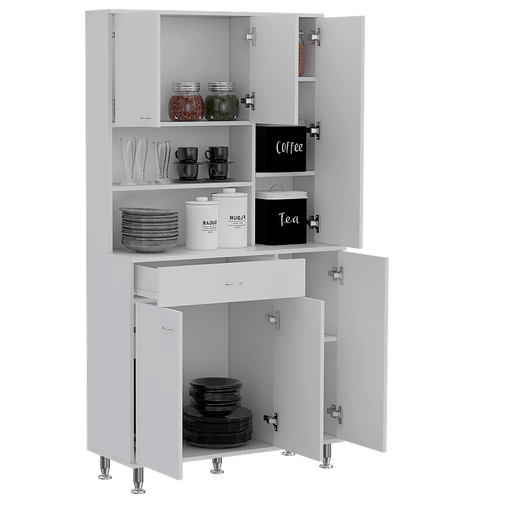 90 Kitchen Pantry Cabinet, Two Open Shelves, One Drawer, Multiple Cabinets, White White Solid Wood Mdf Engineered Wood