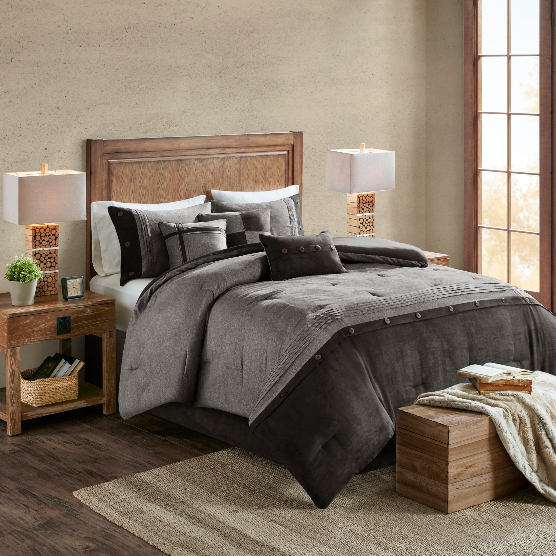 7 Piece Faux Suede Comforter Set Grey Queen Queen Grey Polyester