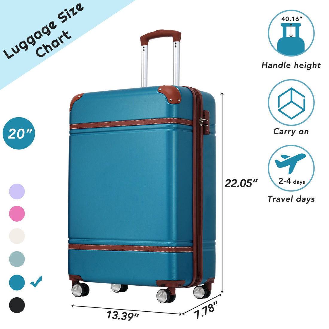 20 In Luggage 1 Piece With Tsa Locklightweight Suitcase Spinner Wheels,Carry On Vintage Luggage,Blue Blue Abs