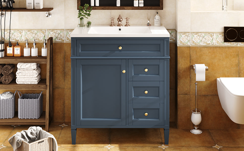 30'' Bathroom Vanity With Top Sink, Modern Bathroom Storage Cabinet With 2 Drawers And A Tip Out Drawer, Single Sink Bathroom Vanity 3 Blue 1 2 Adjustable Hinges Bathroom Freestanding Modern Solid Wood Mdf Resin Painted