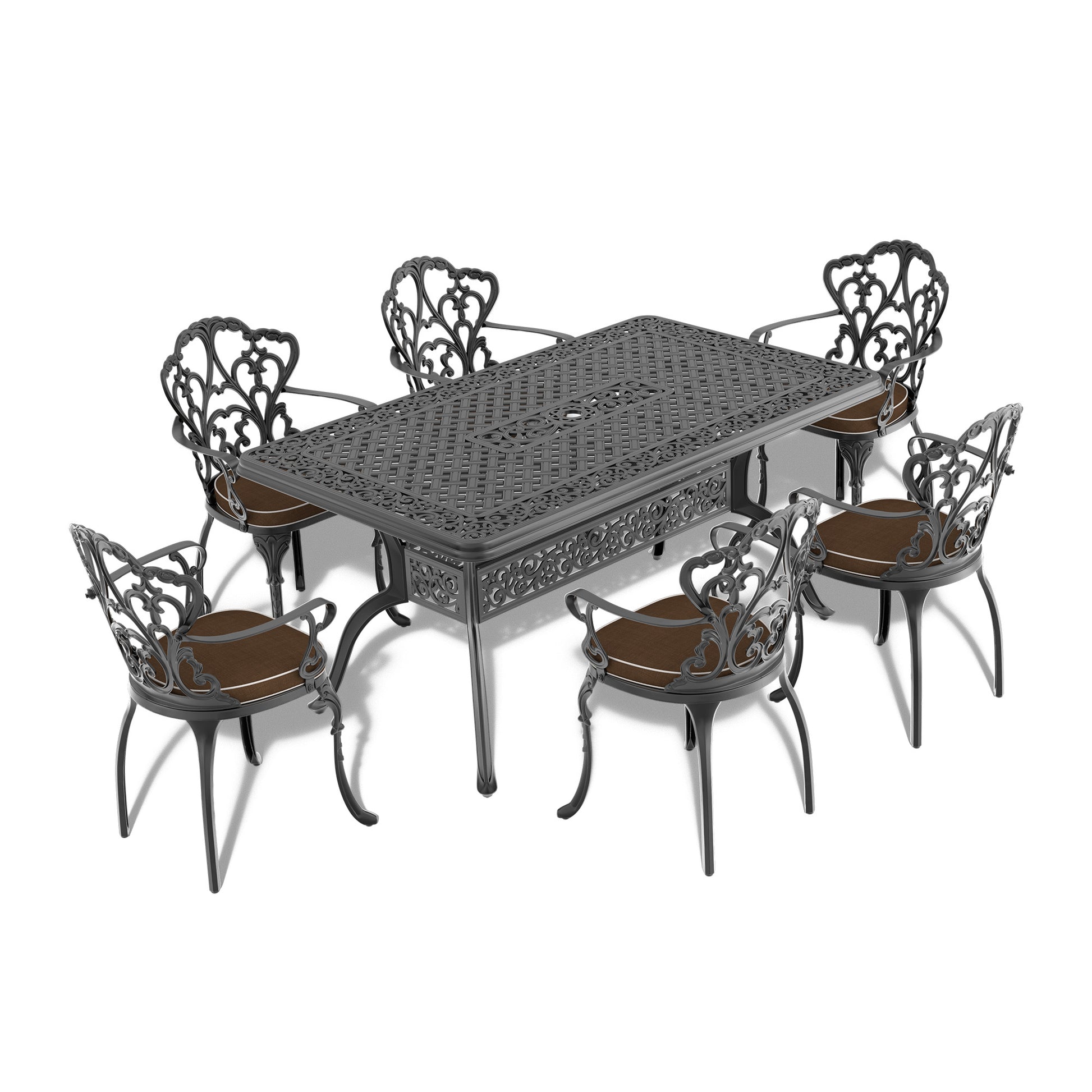 Cushions In Random Colors 7 Piece Set Of Cast Aluminum Patio Furniture With Cushions Yes Dining Set Black Seats 6 Rust Resistant Frame Water Resistant Cushion Garden & Outdoor Complete Patio Sets Aluminium