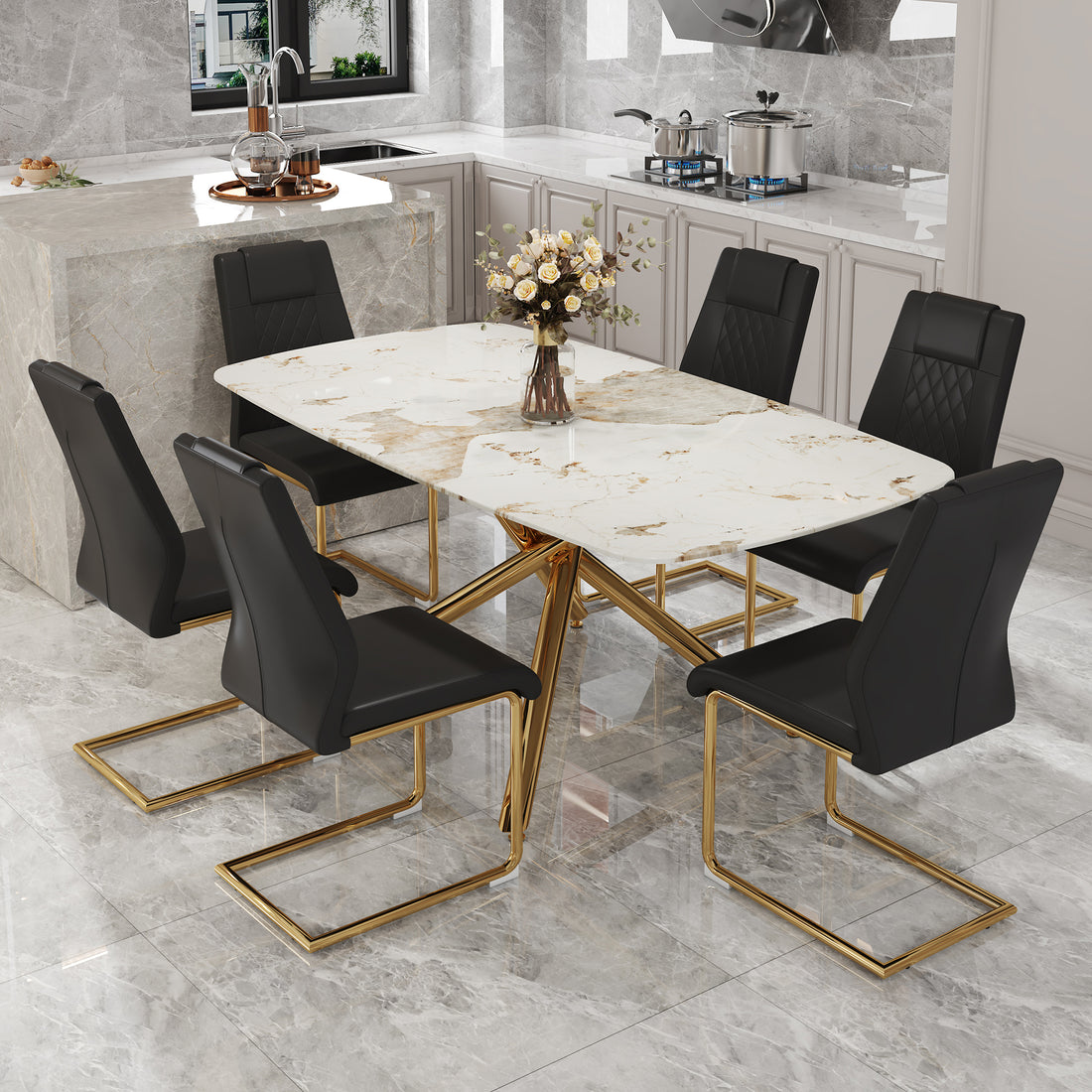 Table And Chair Set.Modern Luxurious Tempered Glass Dining Table Set With 6 Gold Metal Legs And Pu Chairs.White Marble Patterned Sticker Tabletop,Black Chairs With Gold Metal Legs. Black Gold Seats