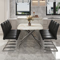 Table And Chair Set.Modern Luxurious White Marble Patterned Tempered Glass Dining Table With 8 Chairs.Single Fork Silver Metal Table Legs.Black Pu Dining Chairs With Silver Metal Legs. Black,Silver