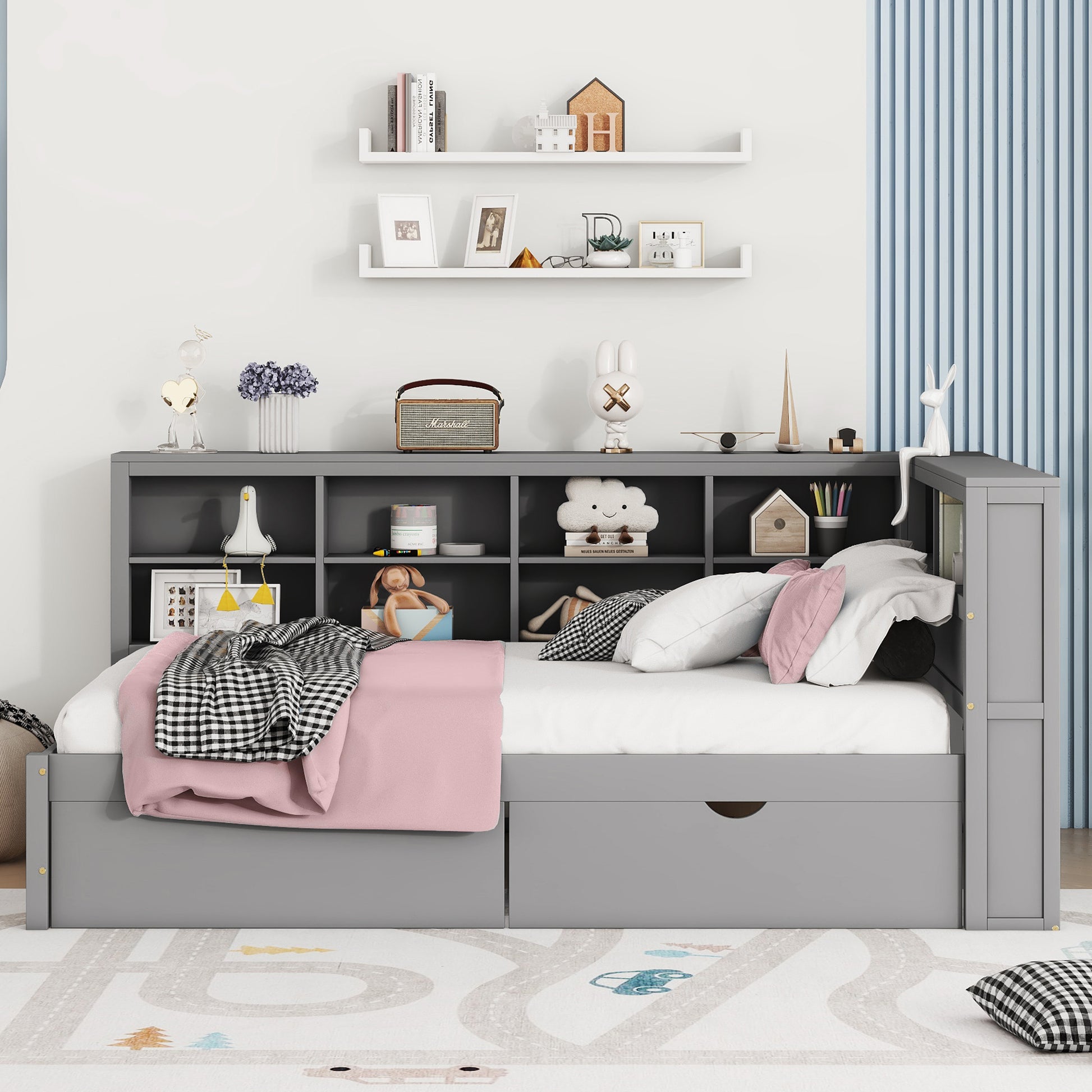 Wooden Full Size Daybed With 2 Drawers, Daybed With Storage Shelf And Usb Charging Ports,Grey Full Grey Wood