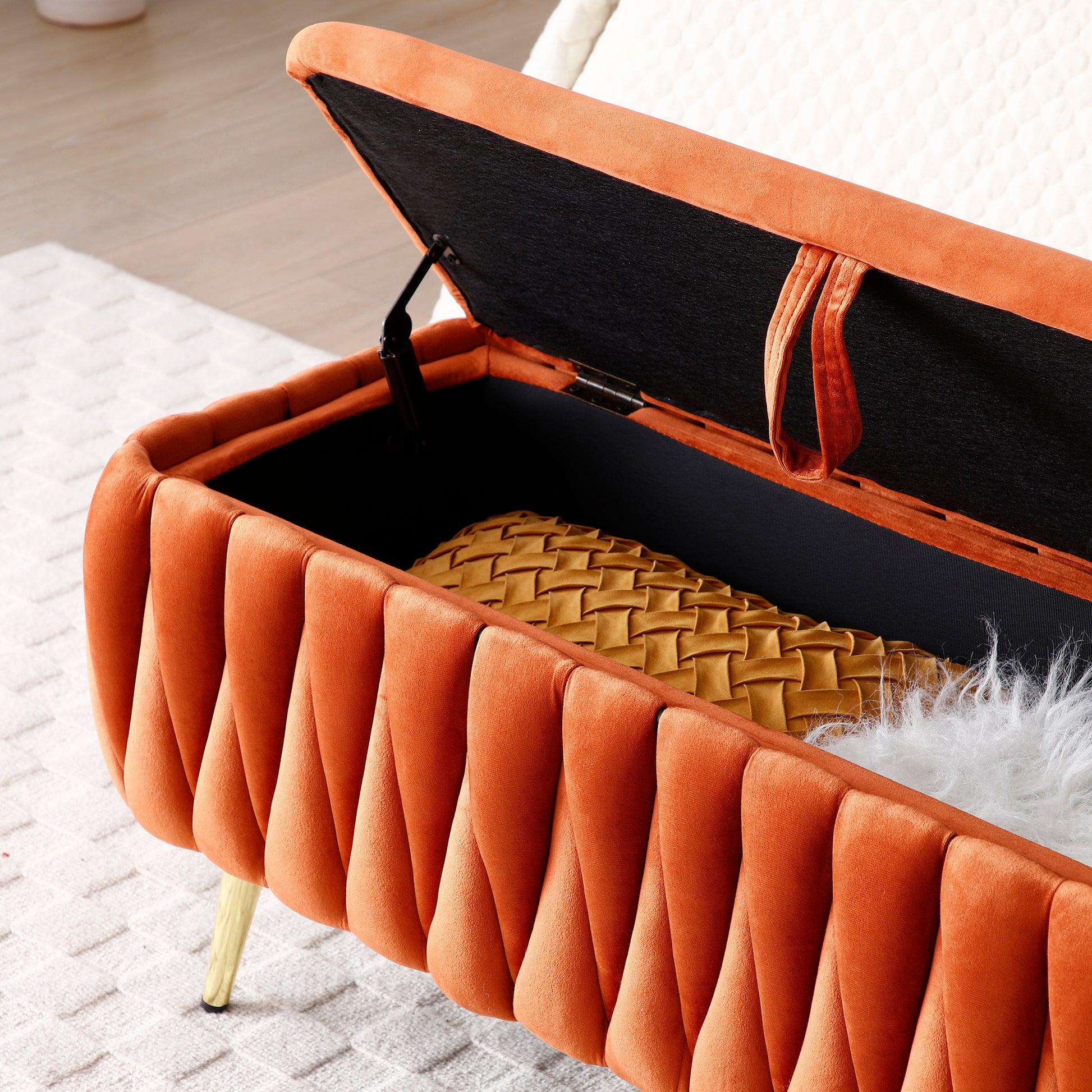 Oval Storage Bench With Gold Legs,Velvet Fabric ,Woven,Upholstered Ottoman Storage Benches For Bedroom End Of Bed,Sherpa Fabric Bench For Living Room,Dining Room,Entryway,Bed Side,Orange,5 Colors Orange Velvet