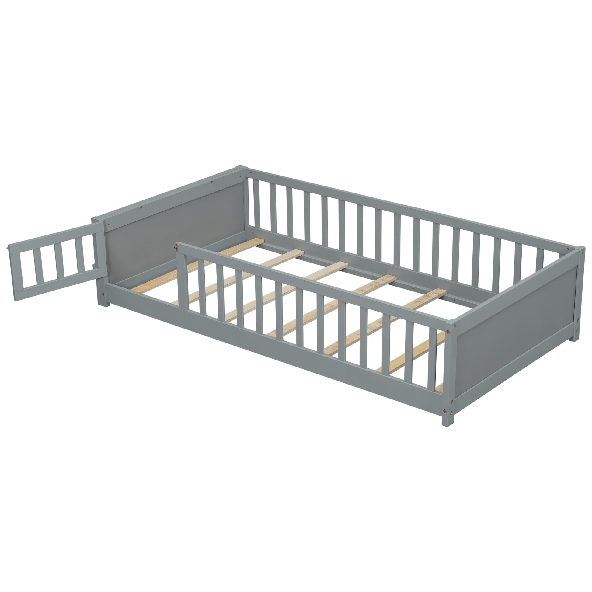 Twin Size Floor Platform Bed With Built In Book Storage Rack, Door,Grey Twin Grey American Design Pine