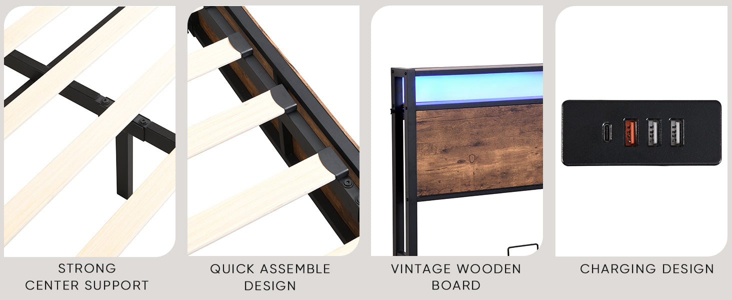 Lift Up Storage Bed Frame, Full Size Bed Frame With Bookcase Headboard & Led Lights, Wooden Platform Bed Frame With Charging Station, No Spring Box Needed, Rustic Brown Box Spring Not Required Full Rustic Brown Metal Brown Bedroom Industrial Bed Frame