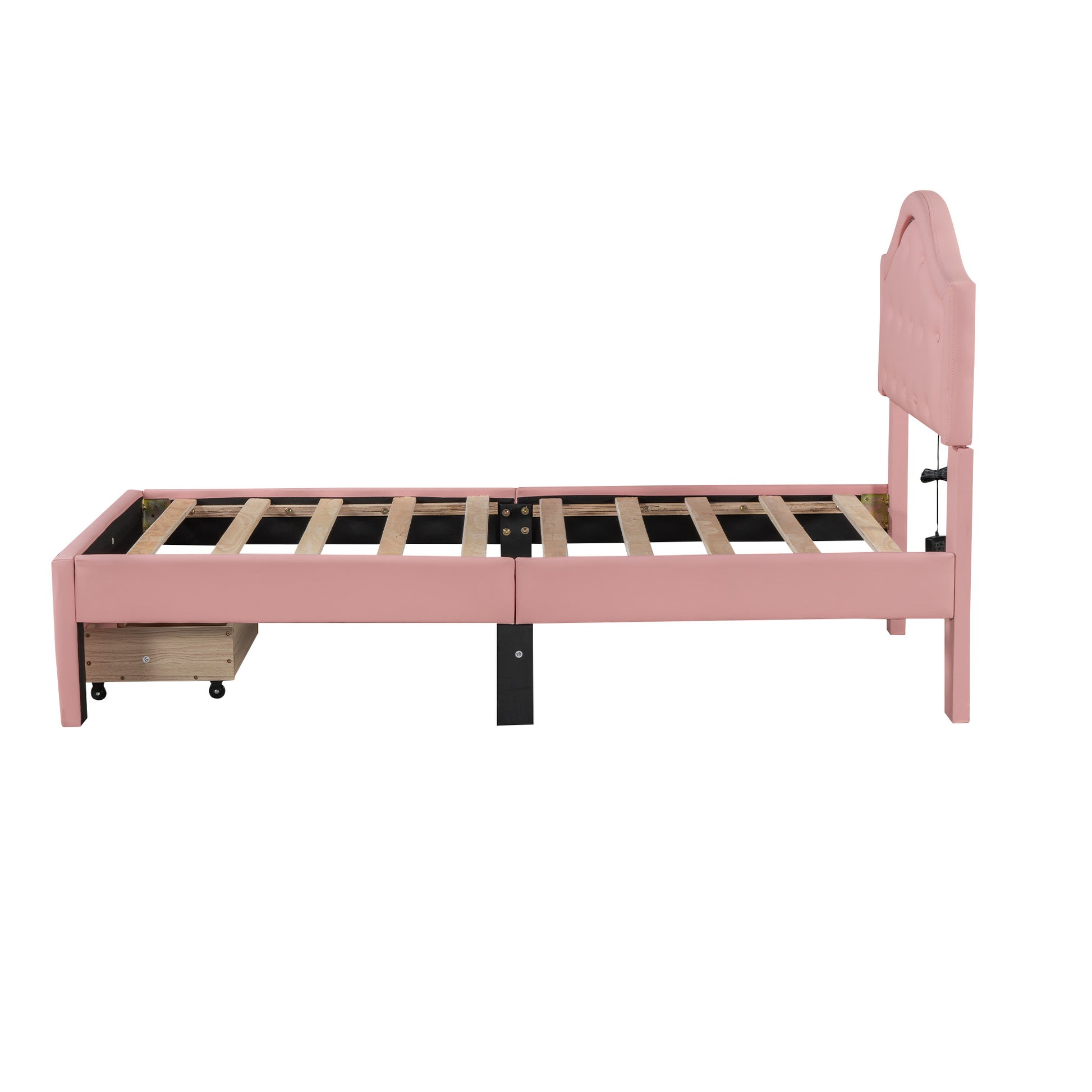 Twin Size Upholstered Platform Bed With Tufted Headboard, Led And A Drawer, Pink Box Spring Not Required Twin Pink Bedroom Faux Leather Upholstered