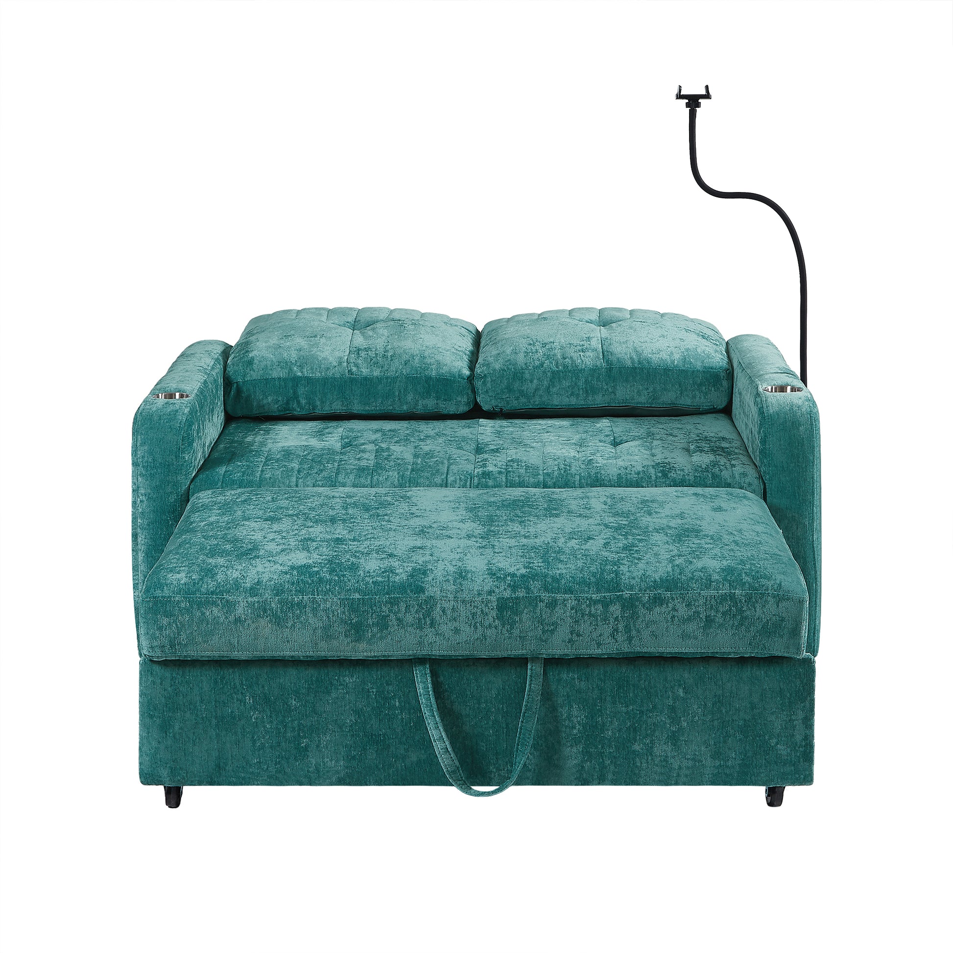 53.9" Modern Loveseat Pull Out Sofa Bed With Adjustable Backrest, Two Cup Holdersa Phone Holder, Three Charging Ports And Side Storage Pockets For Living Room, Teal Teal Foam Chenille