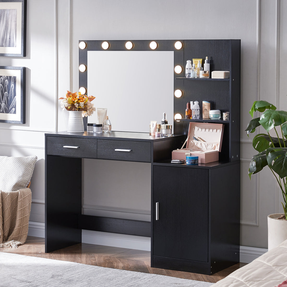 Vanity Desk With Mirror And Lights, 46.4In Dressing Table With 2 Large Drawer&Large Vertical Organizer, 3 Level Dresser & 3 Lighting Modes Adjustable Brightness, Suitable For Bedroom Black Black Polyester Blend