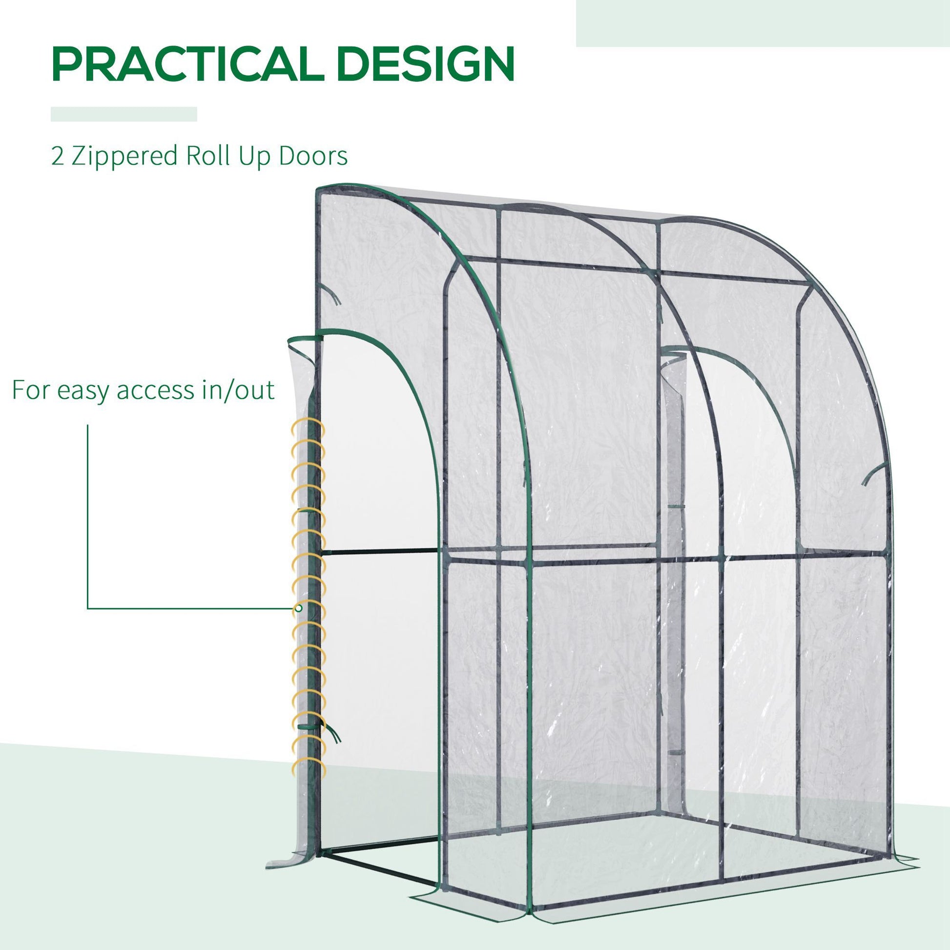 Outsunny 5' X 4' X 7' Lean To Greenhouse, Walk In Wall Mounted Hot House & Plant Nursery With 2 Zippered Roll Up Doors, Sloping Pvc Cover, Green And Clear Clear Steel