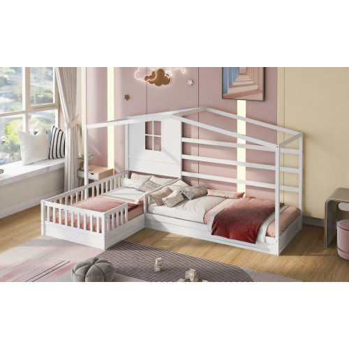 Wood House Bed Twin Size, 2 Twin Solid Bed L Structure With Fence And Slatted Frame, White Twin White Plywood