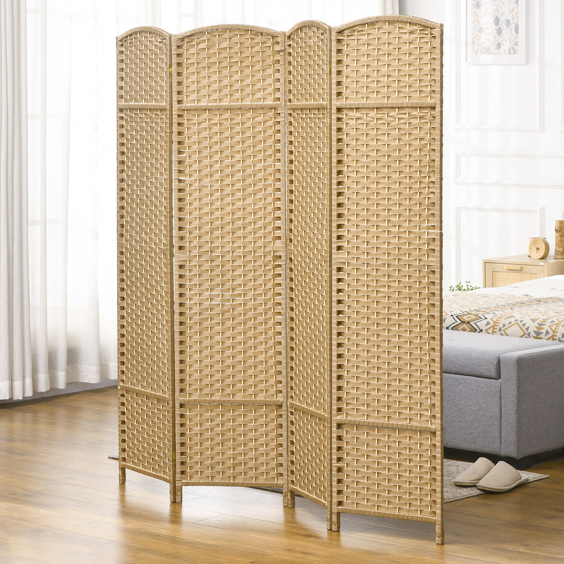 Homcom Room Divider, 4 Panel Folding Privacy Screen, 5.6' Tall Freestanding Wall Partition For Home Office, Bedroom, Nature Wood Natural Wood Polypropylene