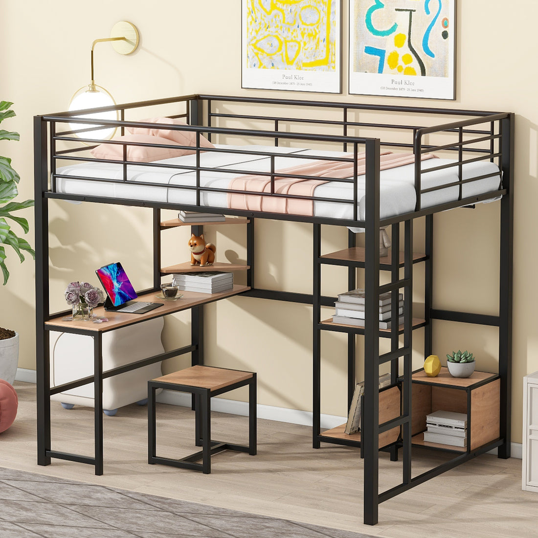 Full Size Loft Bed With Desk And Stool, Metal Loft Bed With Open Style Wardrobe, Shelves And Cabinet, Black Full Black Metal & Wood