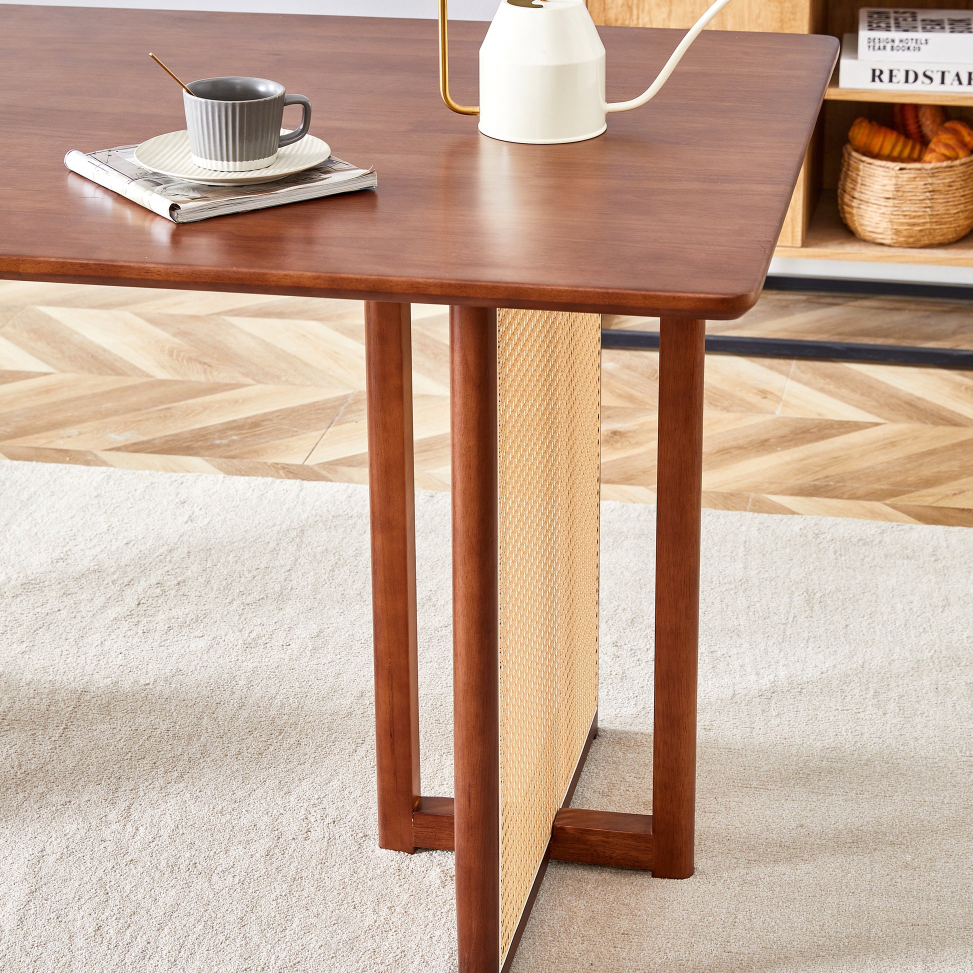 Table And Chair Set, Ancient Style Solid Wood Dining Table, Imitation Rattan Table Legs, Beautiful Simple Solid Wood Dining Chair, Perfect For Dinner, Meetings, Home And Office Decoration Walnut Rubber Wood
