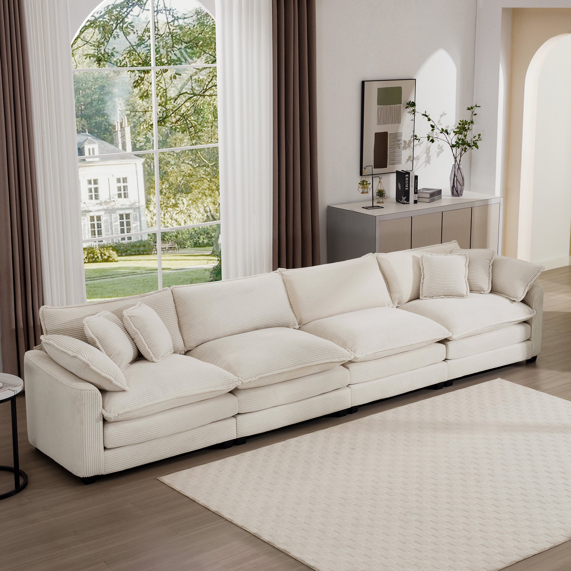 Modern Upholstered 4 Seater Fabric Sofa With Comfortable Back Cushions, Seat Cushions And Pillows, Light Beige Corduroy Sofa Beige Corduroy 4 Seat