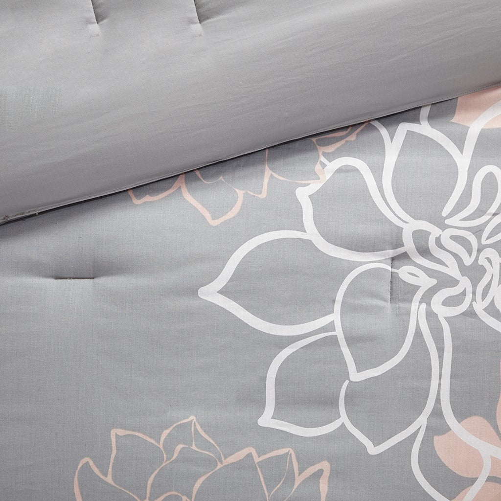 Printed Cotton Sateen Comforter Set Grey Peach Queen Queen Grey Peach Polyester