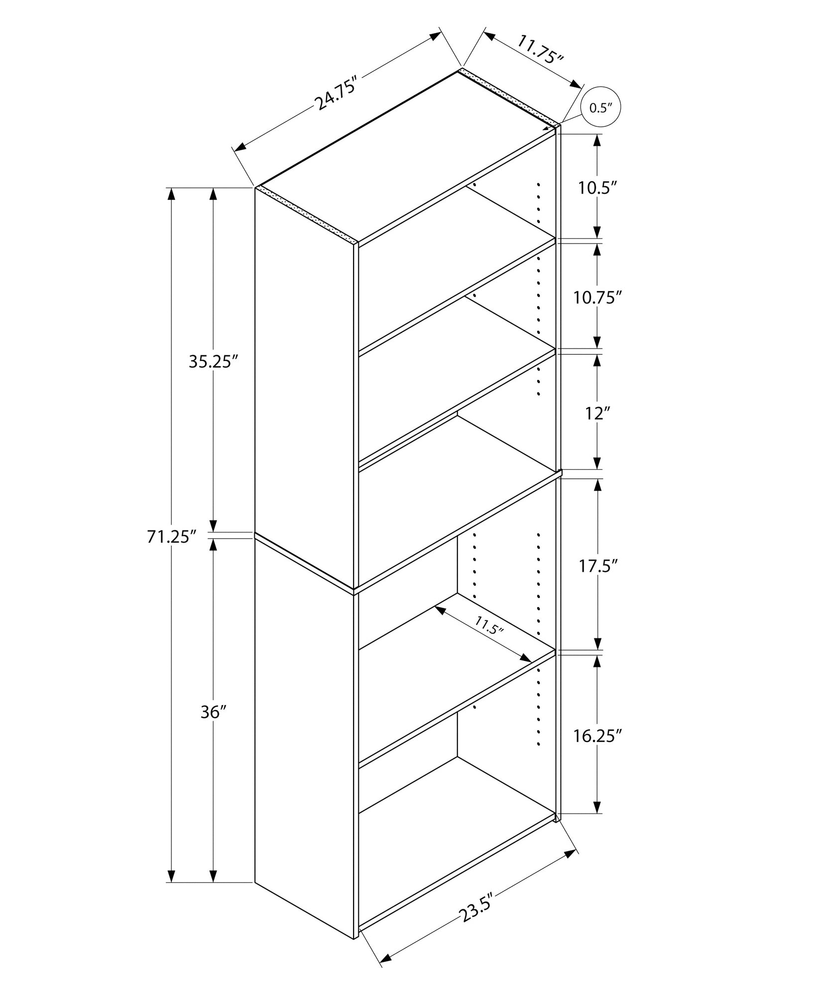 Bookshelf, Bookcase, 6 Tier, 72"H, Office, Bedroom, Brown Laminate, Transitional Taupe Particle Board