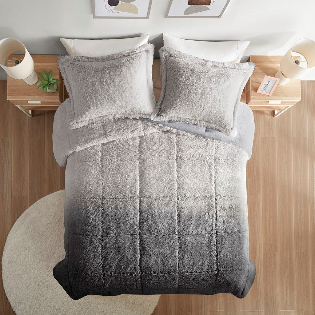 Ombre Shaggy Long Fur Comforter Mini Set King Grey Polyester