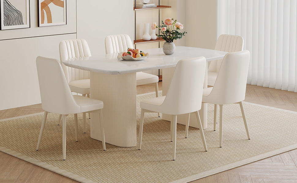 Table And Chair Set.67*35.4 Cream Style Mdf White Dining Table Set With 6 Cream Style Chairs.Adding A Warm And Gentle Atmosphere To Your Family.Creating A Comfortable And Friendly Dining