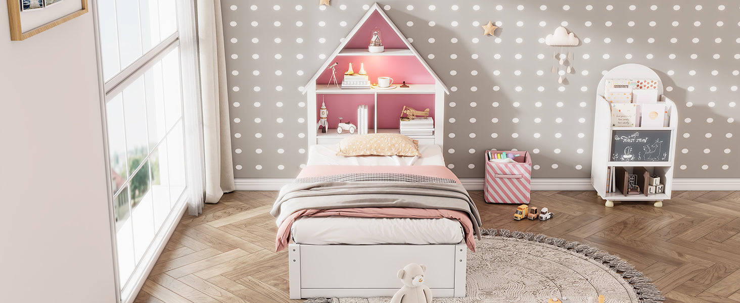 Twin Size House Shaped Bed With Bookcase Headboard And Led Light And Twin Size Trundle For Kids Boys Girls, Pink White Box Spring Not Required Twin White Pink Wood Bedroom Cute Bed Frame Wood