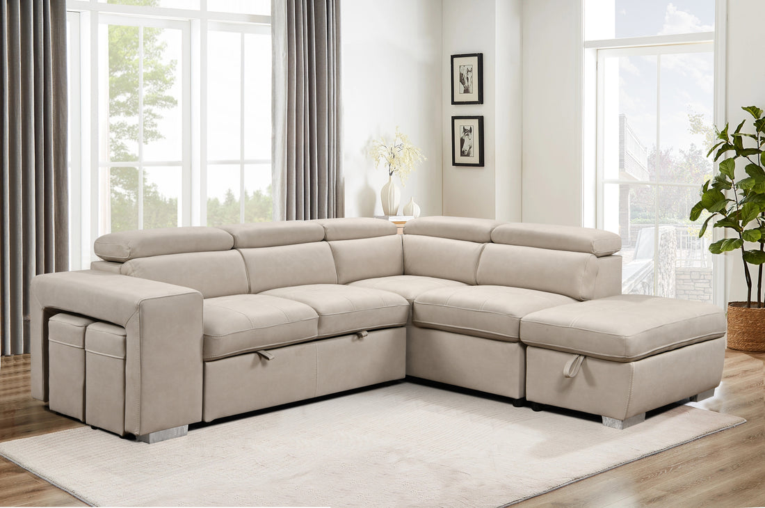 105" Sectional Sofa With Adjustable Headrest ,Sleeper Sectional Pull Out Couch Bed With Storage Ottoman And 2 Stools,Beige Light Brown Wood Primary Living Space Heavy Duty Eucalyptus 5 Seat Beige Microfiber Soft Cushion Back Modern Square Arms Foam