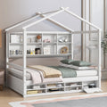 Full House Bed With Roof Frame, Bedside Shelves, Under Bed Storage Unit,White Full White American Design Pine