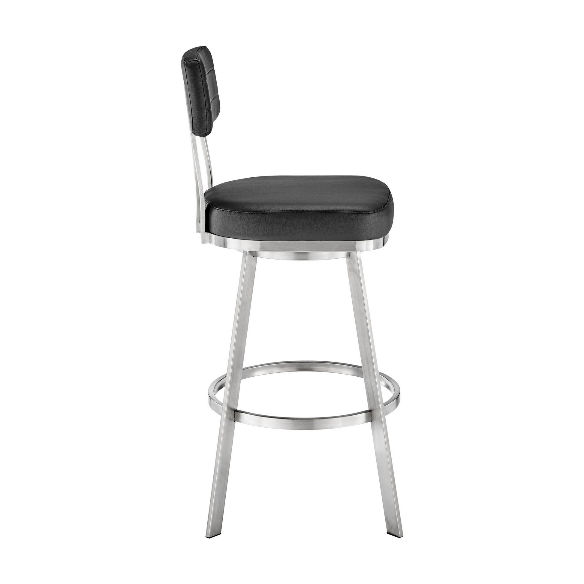 Col 26 Inch Swivel Counter Stool, Black Faux Leather, Stainless Steel Frame Black Silver Steel