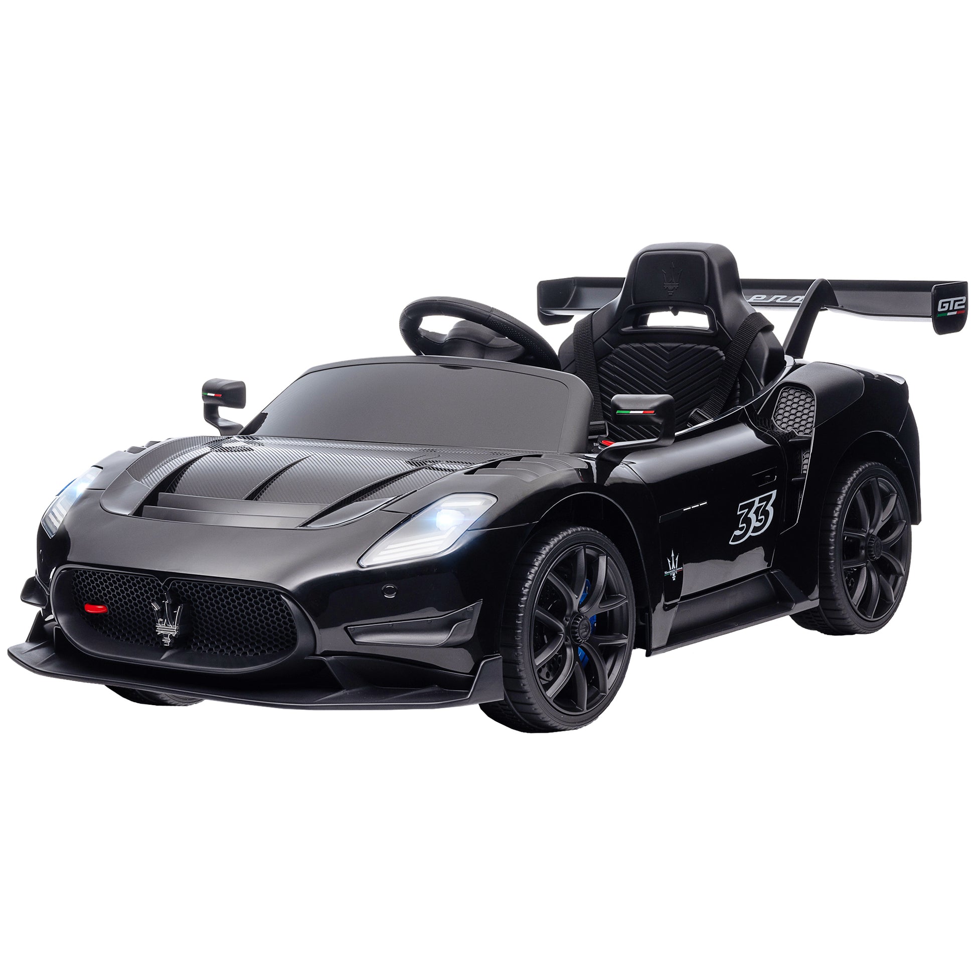 Qaba Maserati Gt2 Licensed Ride On Car, 12V Battery Powered Electric Car For Kids With Shock Absorbers, Auxiliary Wheels, 3Mph Racing Car With Remote, Horn Music Led Lights, Black Black Plastic