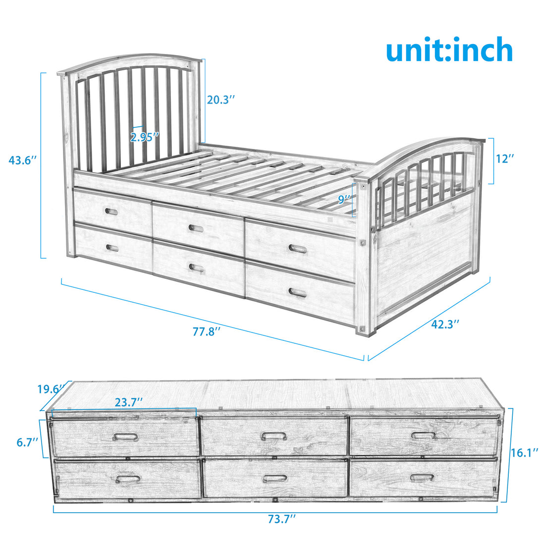 Orisfur. Twin Size Platform Storage Bed Solid Wood Bed With 6 Drawers Twin Espresso Solid Wood