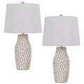 23 Inch Set Of 2 Ceramic Accent Table Lamp, Hammered Base, White, Gold White Ceramic