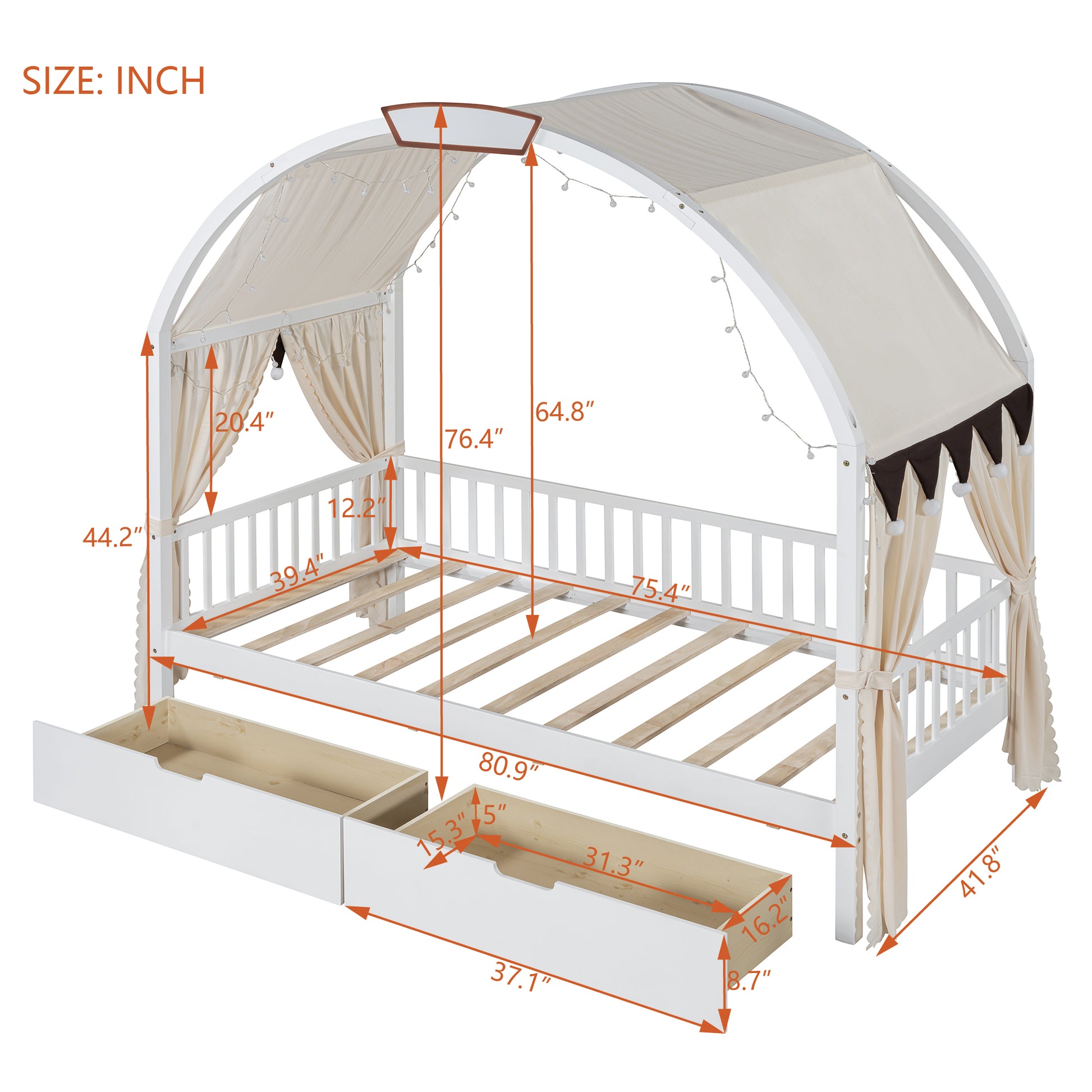 Twin Size Bed With Arched Roof And 2 Drawers, White Twin White Plywood