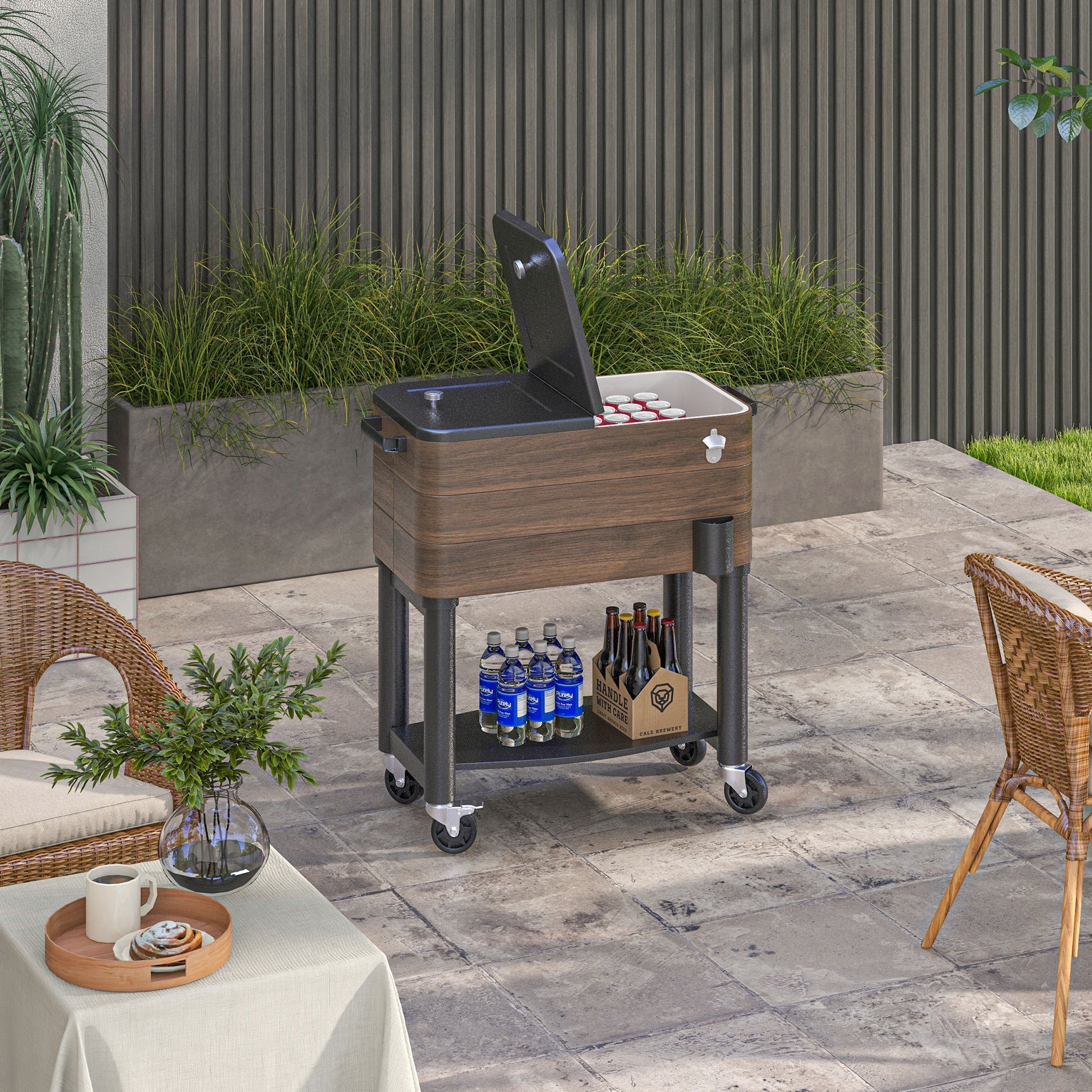 Outsunny Outdoor Cooler Cart, Rolling Beverage Ice Chest, Rugged Steel Patio Cooler With Locking Wheels, 60 Quart Capacity For Poolside Bbqs, Brown Brown Plastic