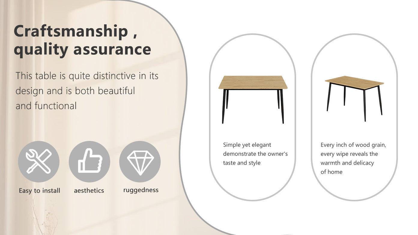 Modern Minimalist Wood Grain Tabletop Dining Table, Stylish Dining Table, Kitchen Dining Table, Sturdy And Durable, Easy To Assemble, Black Metal Leg Design, Suitable For 4 6 People, Suitable For