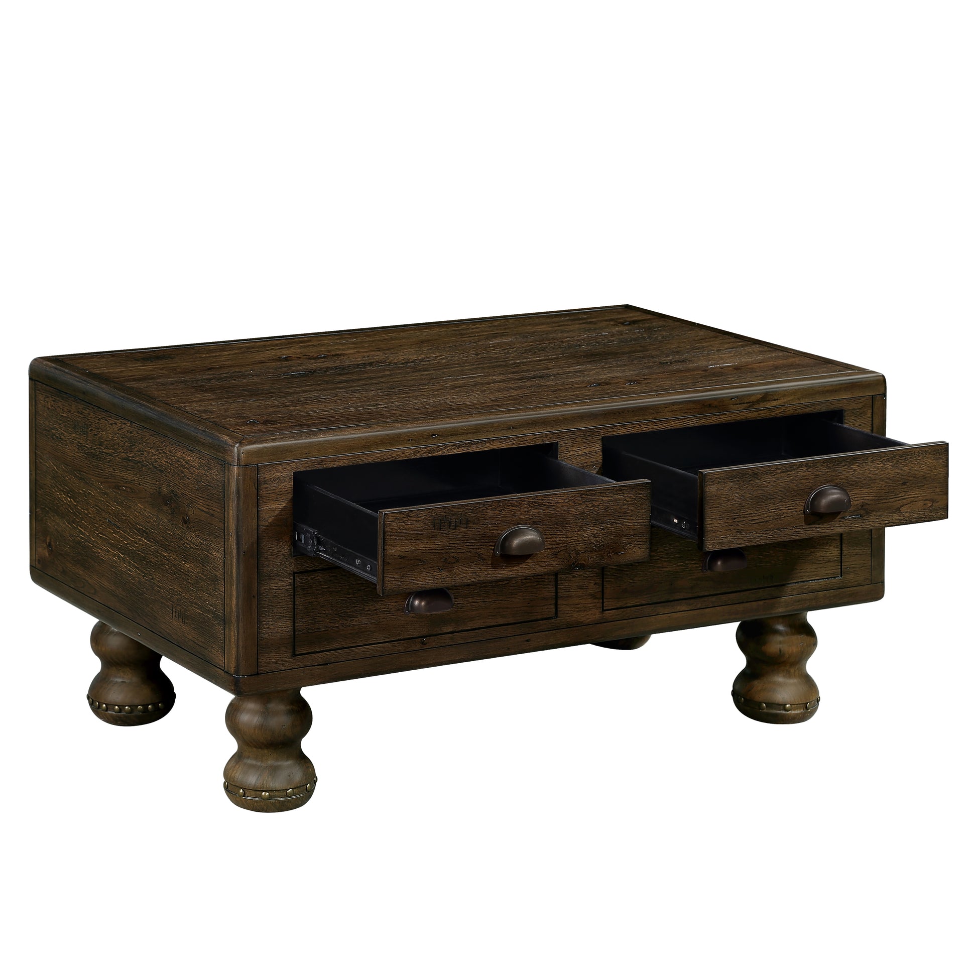 Solid Wood Rectangle Coffee Table For Living Room, 40 Inch Antique Coffee Table With 4 Drawers, Wood Center Table Tea Table With Rivet Decoration Legs.Easy Assembly, Espresso Espresso Pine
