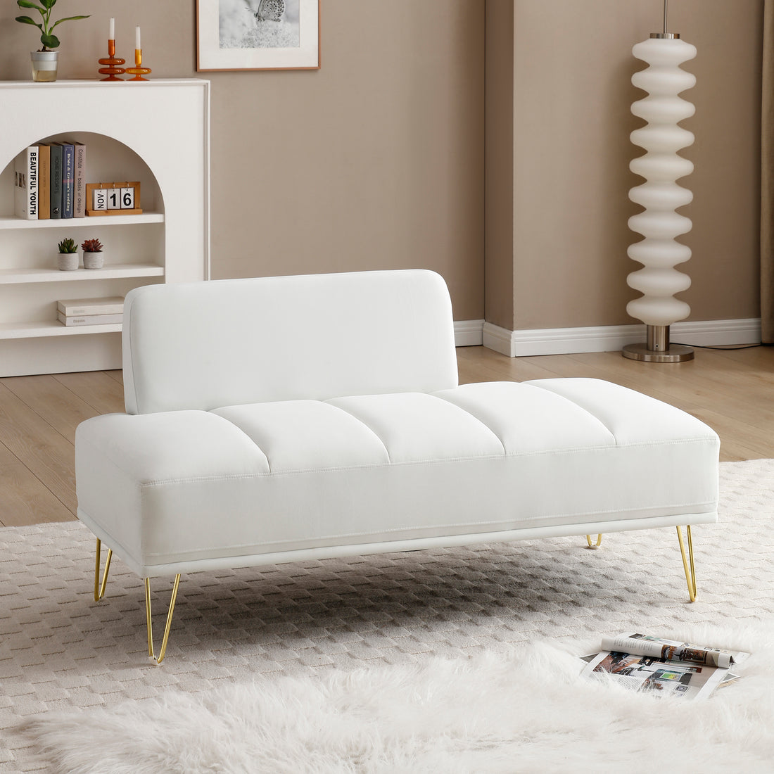 56.3"Inch Width Modern End Of Bed Bench,Velvet Fabric Upholstered 2 Seater Sofa Couch Entryway Ottoman Bench, Fuzzy Sofa Stool Footrest Window Bench With Gold Metal Legs For Bedroom, Living Room,White White Velvet Wood Primary Living Space Modern Foam