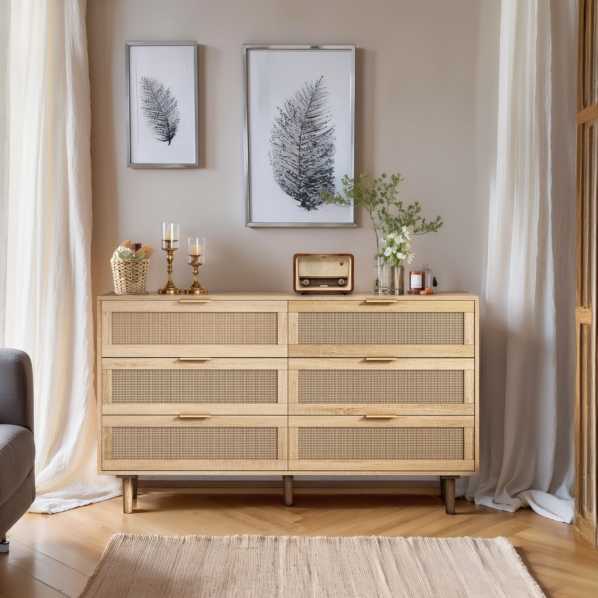 51.18"6 Drawers Rattan Storage Cabinet Rattan Drawer,For Bedroom,Living Room,Natural Same Sku:W75784346 Natural Mdf