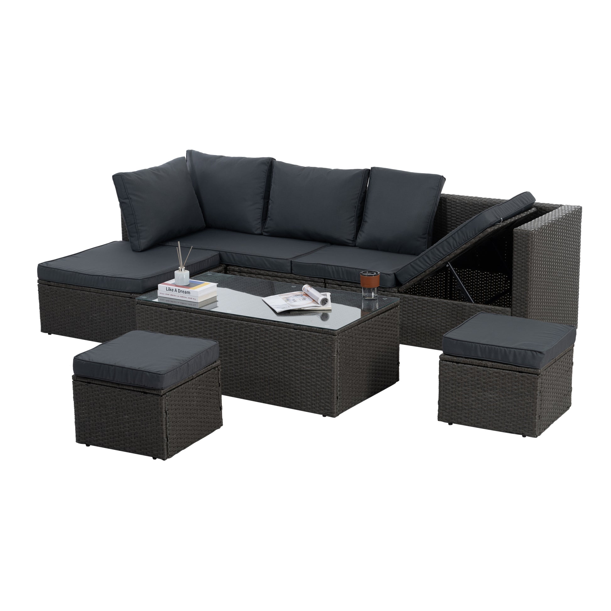Patio Furniture, Outdoor Furniture, Seasonal Pe Wicker Furniture,7 Pcs Set Wicker Furniture With Lounger Sofa Yes Dark Gray Seats 6 Pe Rattan Iron Waterproof Fabric