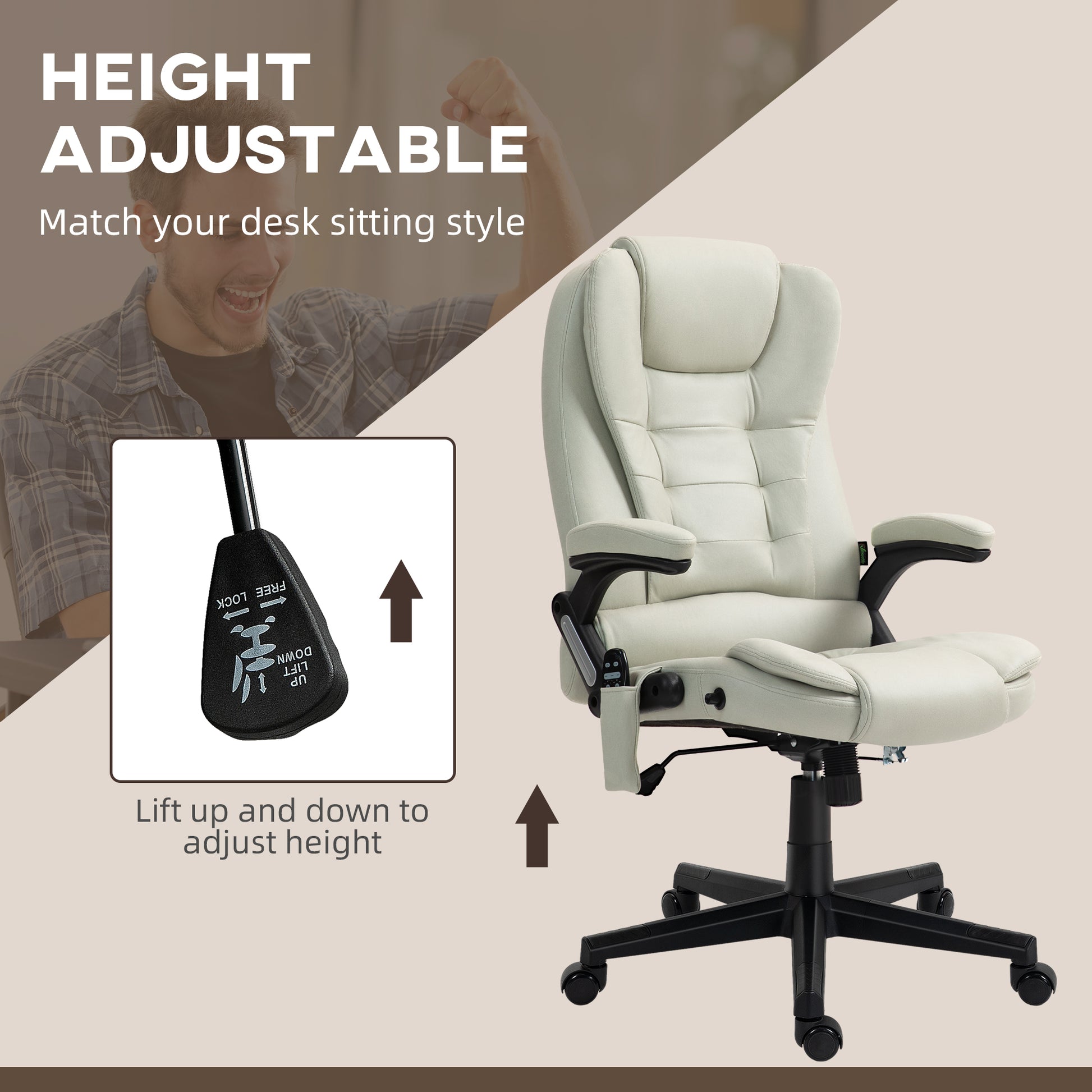Homcom 6 Point Vibrating Massage Office Chair With Heat, Microfiber High Back Executive Office Chair With Reclining Backrest, Padded Armrests And Remote, Beige Beige Polyester