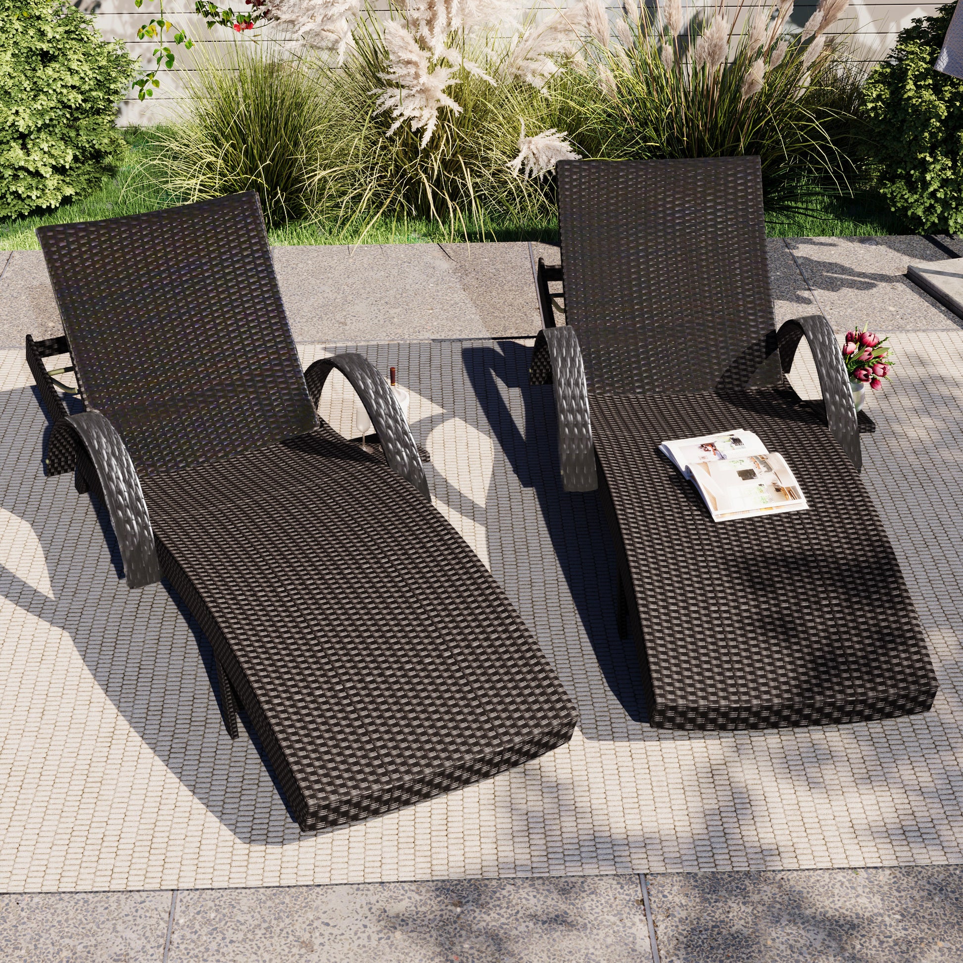 K&K 80'' Outdoor Wicker Chaise Lounge Chairs Set Of 2, Patio Rattan Reclining Chair Pull Out Side Table Adjustable Backrest Ergonomic Wave Design Pool Sunbathing Recliners, Dark Brown No Lounge Dark