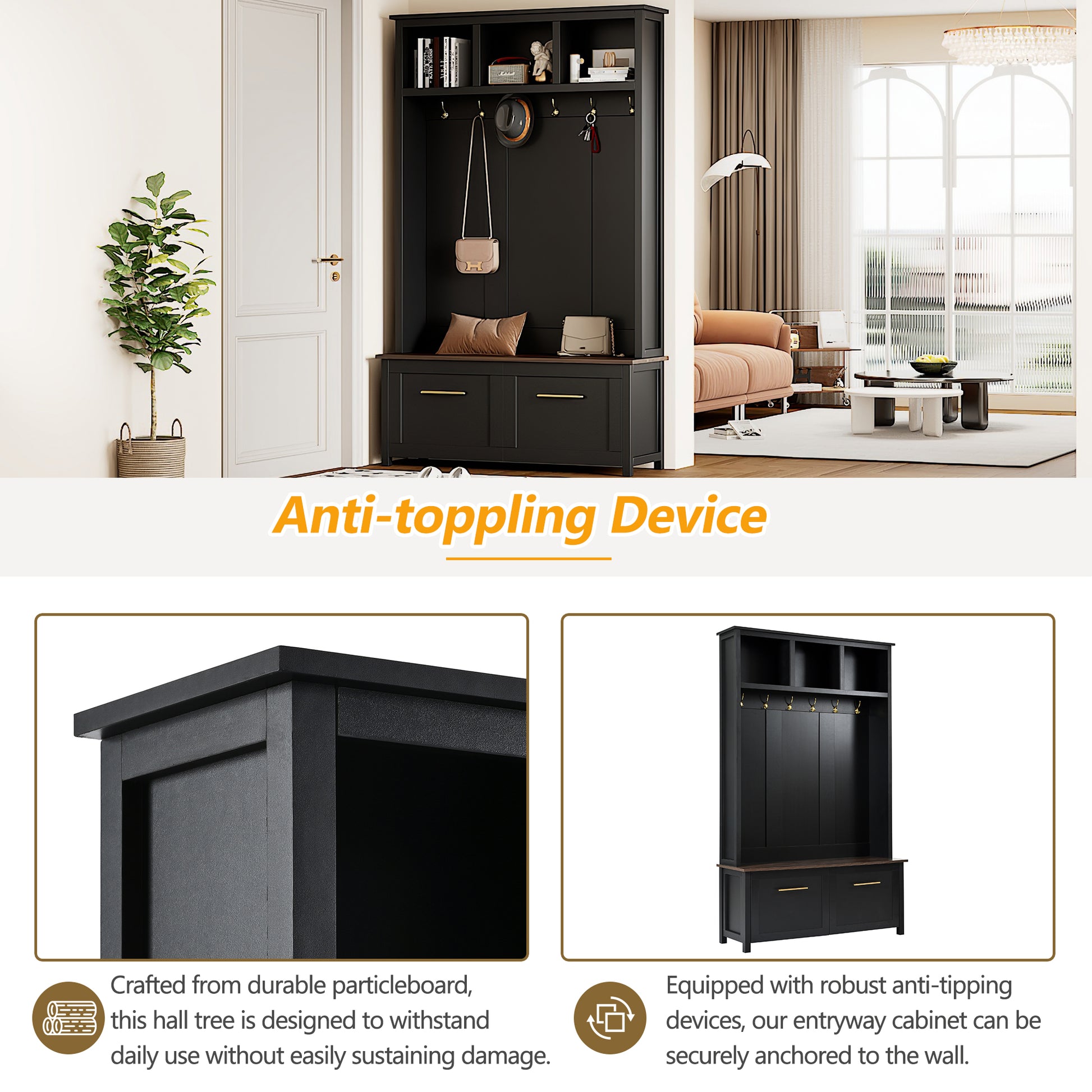 Versatile 4 In 1 Hall Tree With 6 Golden Hooks, Wood Grain Bench With Multiple Storage Space, Entryway Coat Rack With 2 Drawers For Living Room, Hallway, Black, 76.6''H Old Sku:N721S000034B Black