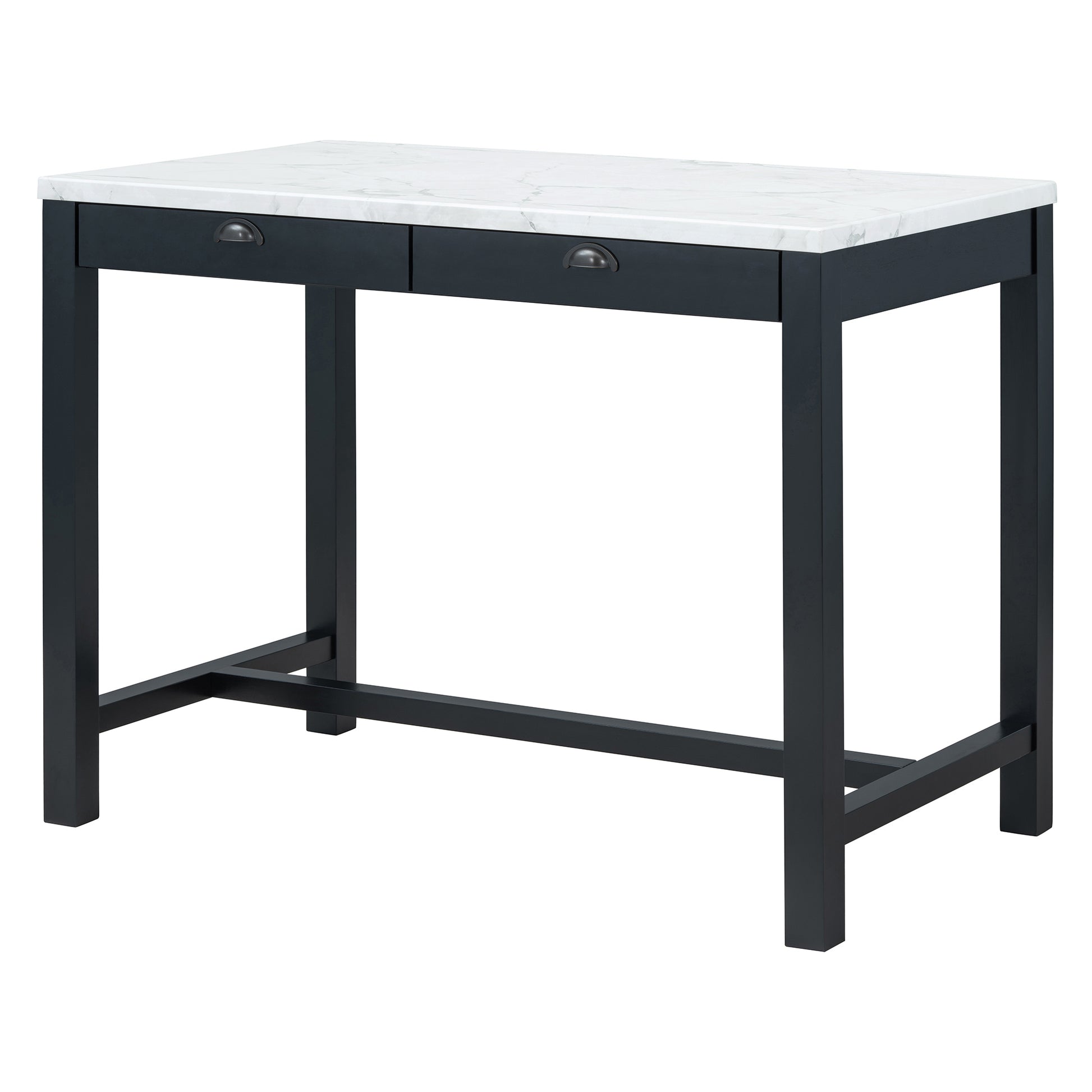 3 Piece Modern Faux Marble Versatile Bar Table Set With Storage Drawers And Padded Stools, Ideal For Space Saving Dining Nooks Or Small Kitchens Black Black Solid Wood Mdf