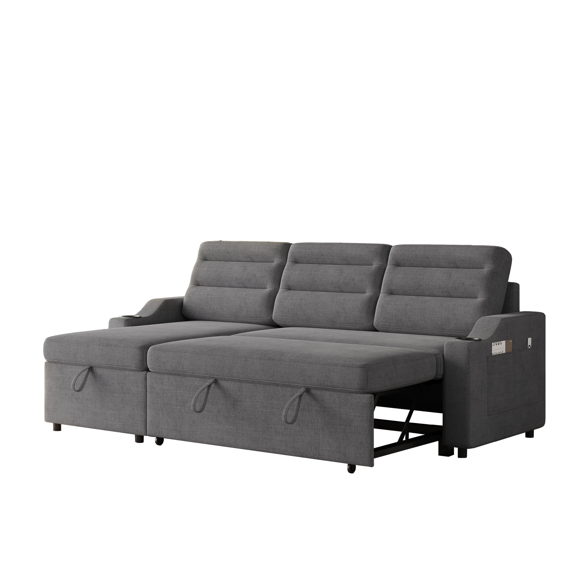 Mh83.5" Convertible Sleeper Combo Sofa, Convertible Sofa Bed Polyester Pullout Bed With Storage Recliner And Cup Holder For Living Room, Tight Spaces Dark Grey Polyester Wood Primary Living Space Pine Foam Fabric 3 Seat