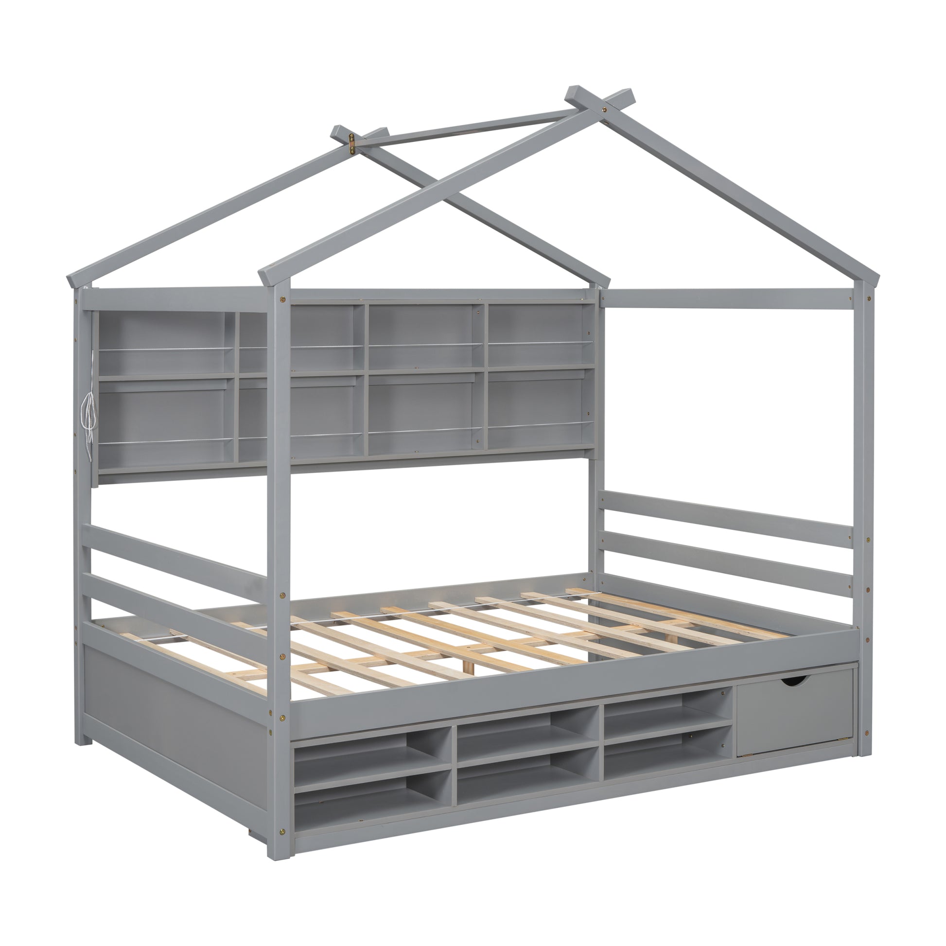 Full House Bed With Roof Frame, Bedside Shelves, Under Bed Storage Unit,Grey Full Grey American Design Pine