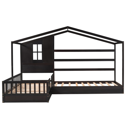 Wood House Bed Twin Size, 2 Twin Solid Bed L Structure With Fence And Slatted Frame, Espresso Twin Espresso Plywood